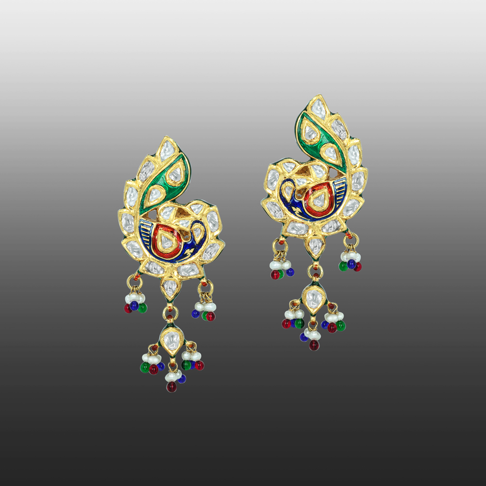 Peacock Polki Earrings with Multicolour Enamel and Bead Drops